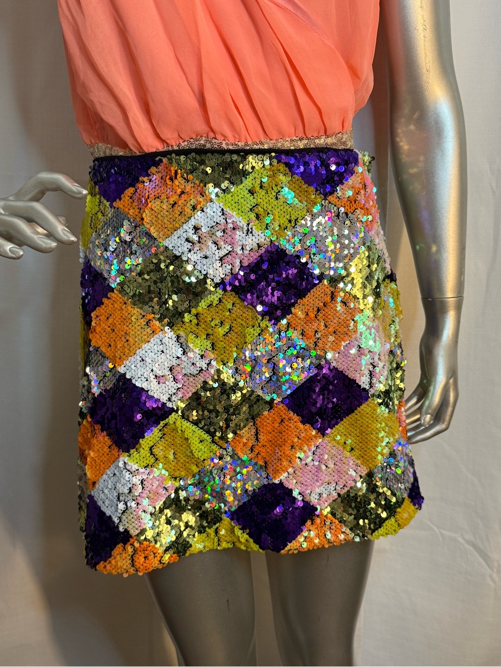 Forever 21 Purple, Orange, Yellow & White Sequin Diamond Mini Skirt